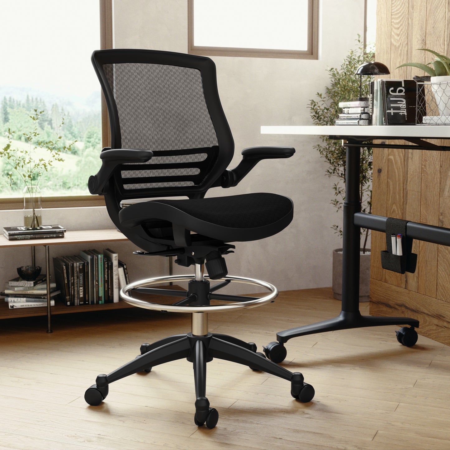Waylon Mid-Back Transparent Black Mesh Drafting Chair with Black Frame and Flip-Up Arms Black Mesh/Black Frame BL-LB-8801X-D-BLK-GG