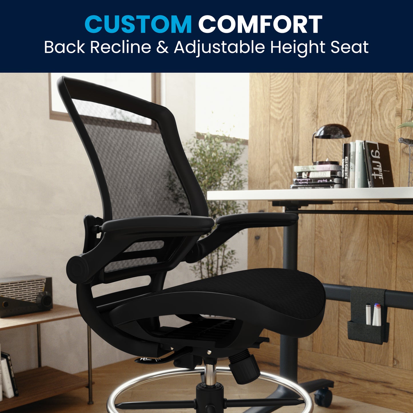 Waylon Mid-Back Transparent Black Mesh Drafting Chair with Black Frame and Flip-Up Arms Black Mesh/Black Frame BL-LB-8801X-D-BLK-GG