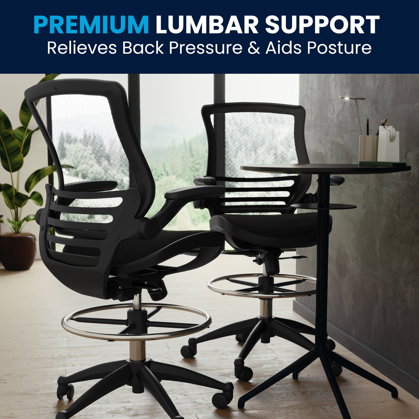 Waylon Mid-Back Transparent Black Mesh Drafting Chair with Black Frame and Flip-Up Arms Black Mesh/Black Frame BL-LB-8801X-D-BLK-GG