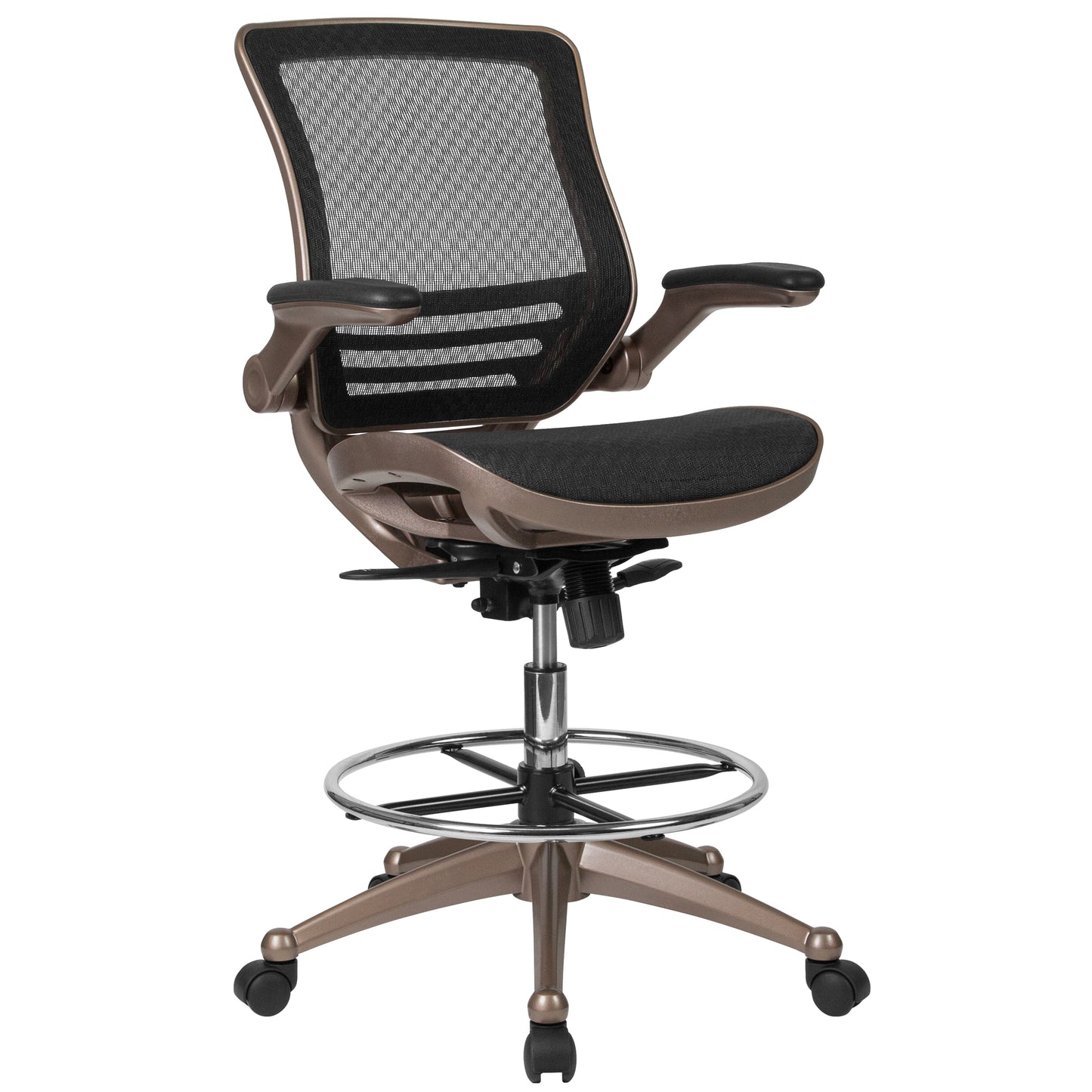 Waylon Mid-Back Transparent Black Mesh Drafting Chair with Melrose Gold Frame and Flip-Up Arms Black Mesh/Gold Frame