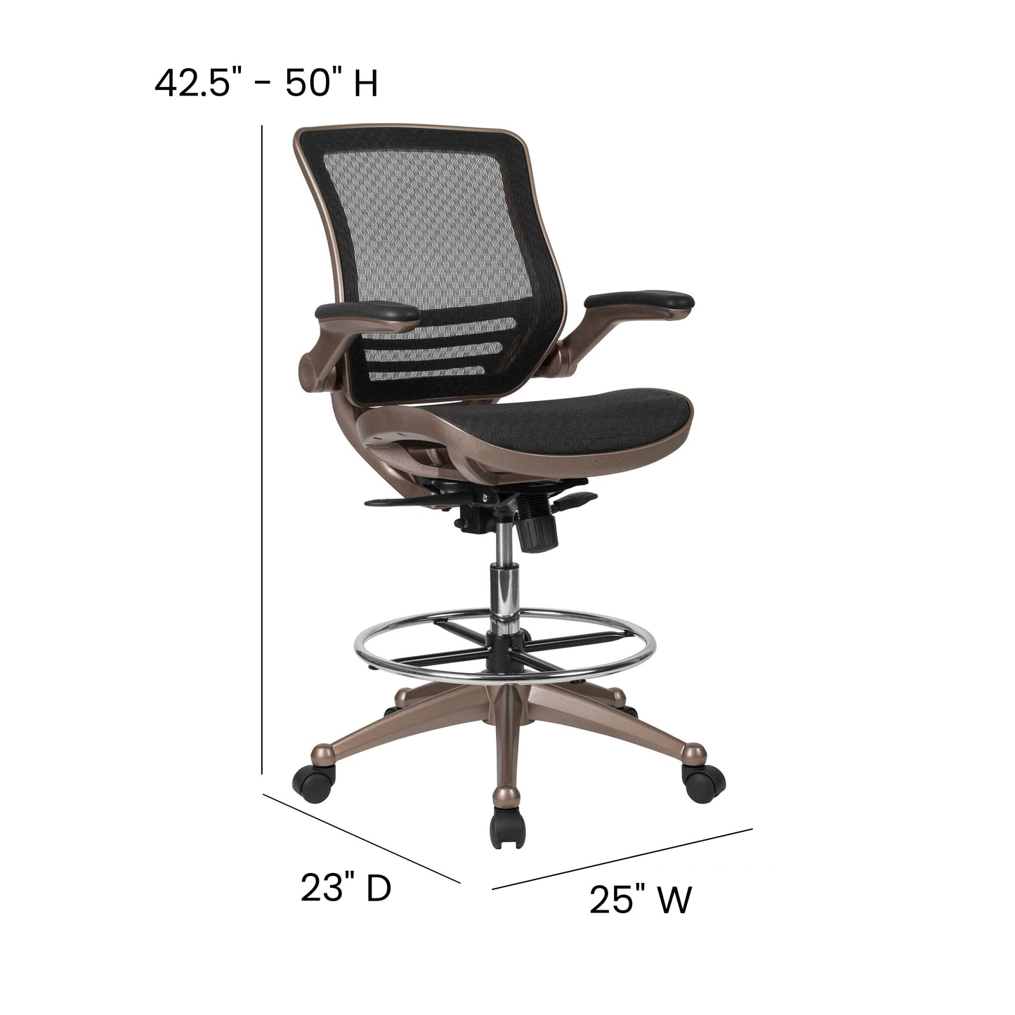 Waylon Mid-Back Transparent Black Mesh Drafting Chair with Melrose Gold Frame and Flip-Up Arms Black Mesh/Gold Frame