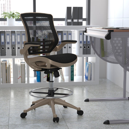Waylon Mid-Back Transparent Black Mesh Drafting Chair with Melrose Gold Frame and Flip-Up Arms Black Mesh/Gold Frame BL-LB-8801X-D-GG