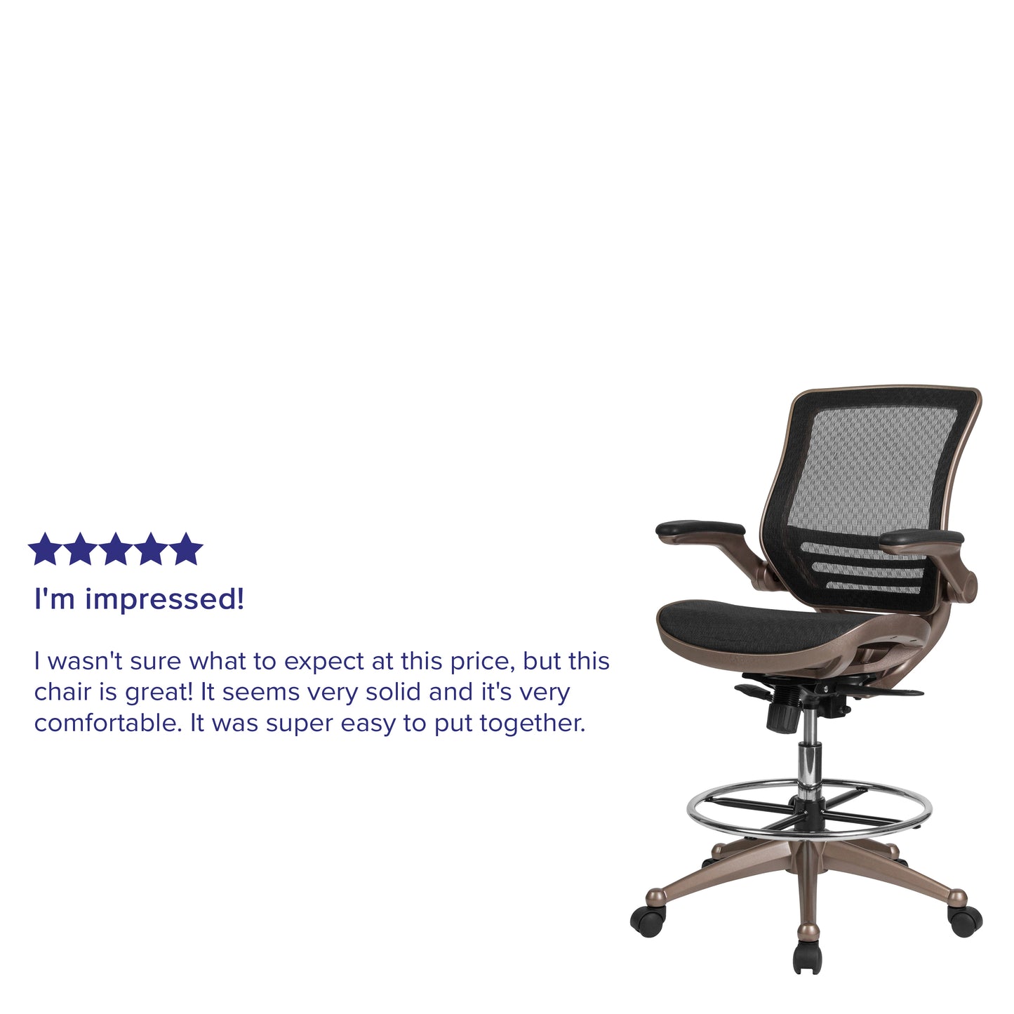 Waylon Mid-Back Transparent Black Mesh Drafting Chair with Melrose Gold Frame and Flip-Up Arms Black Mesh/Gold Frame