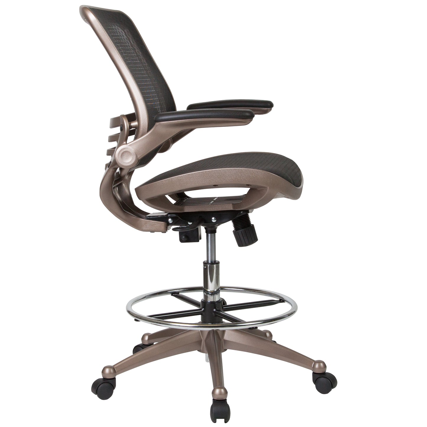Waylon Mid-Back Transparent Black Mesh Drafting Chair with Melrose Gold Frame and Flip-Up Arms Black Mesh/Gold Frame