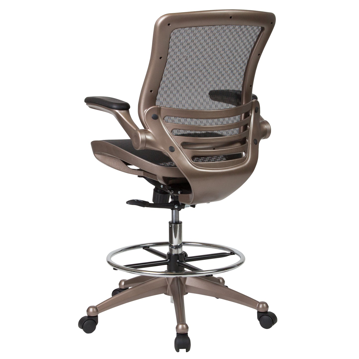 Waylon Mid-Back Transparent Black Mesh Drafting Chair with Melrose Gold Frame and Flip-Up Arms Black Mesh/Gold Frame