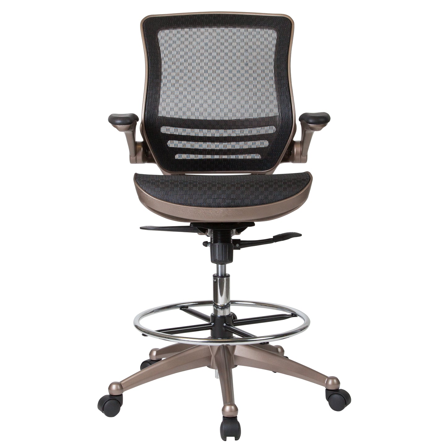 Waylon Mid-Back Transparent Black Mesh Drafting Chair with Melrose Gold Frame and Flip-Up Arms Black Mesh/Gold Frame