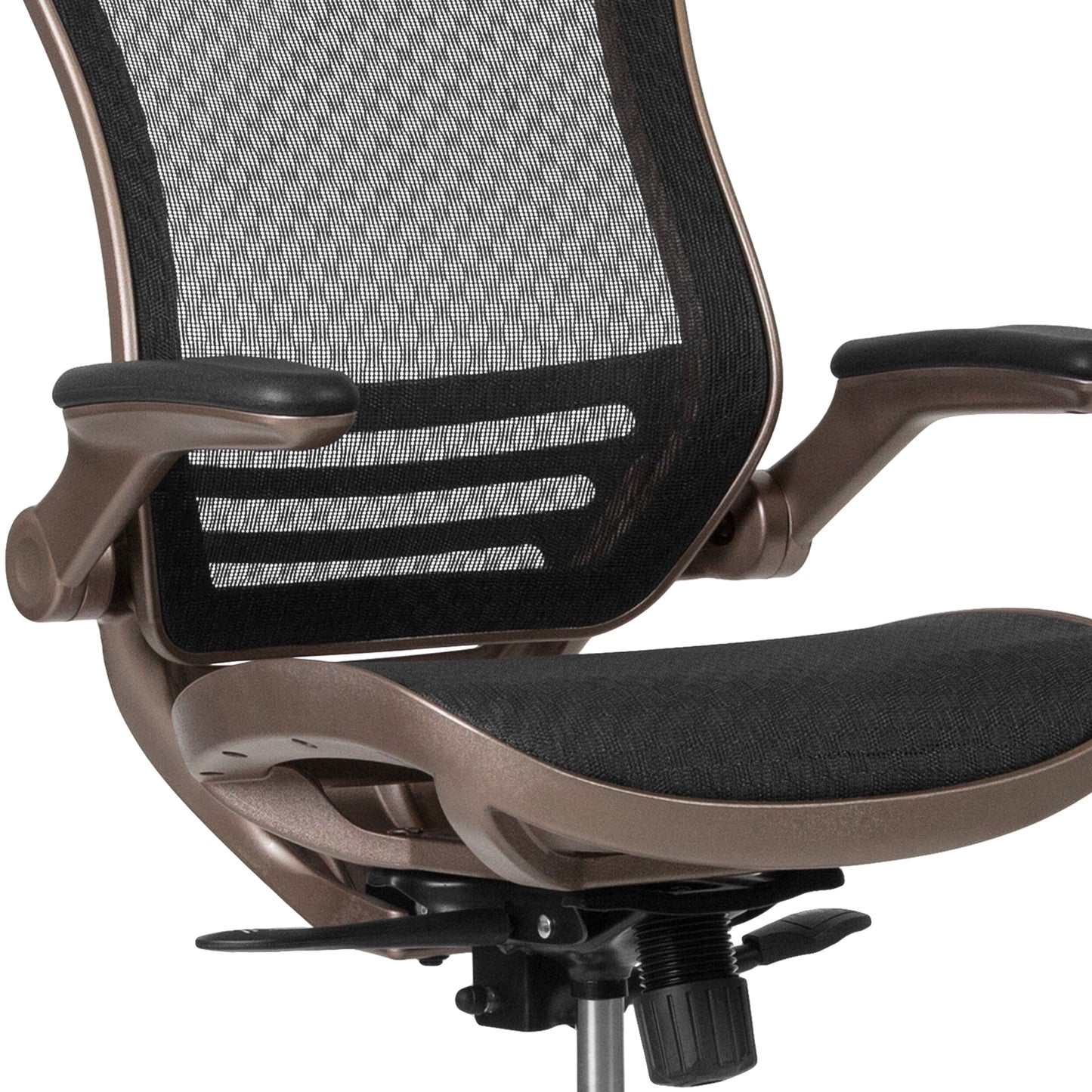 Waylon Mid-Back Transparent Black Mesh Drafting Chair with Melrose Gold Frame and Flip-Up Arms Black Mesh/Gold Frame