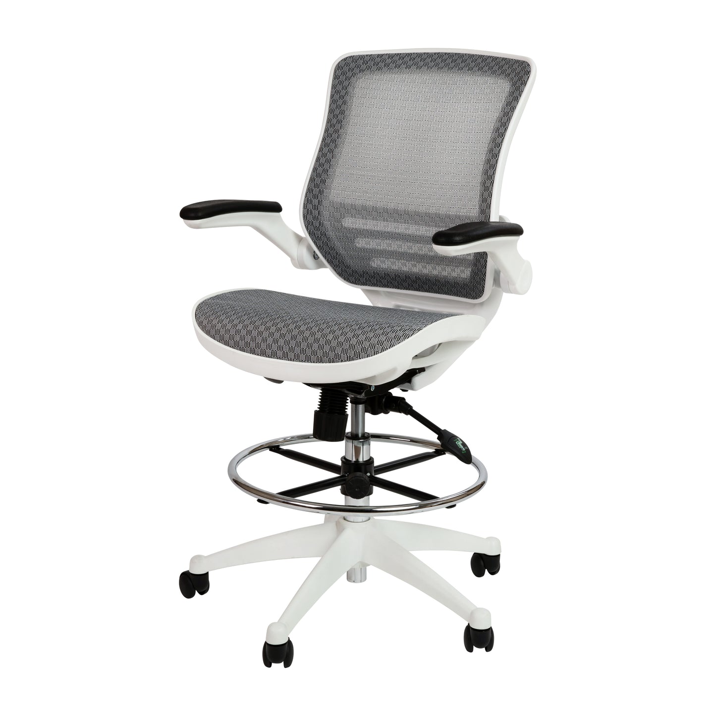 Waylon Mid-Back Transparent Gray Mesh Drafting Chair with White Frame and Flip-Up Arms Gray Mesh/White Frame BL-LB-8801X-D-GR-WH-GG