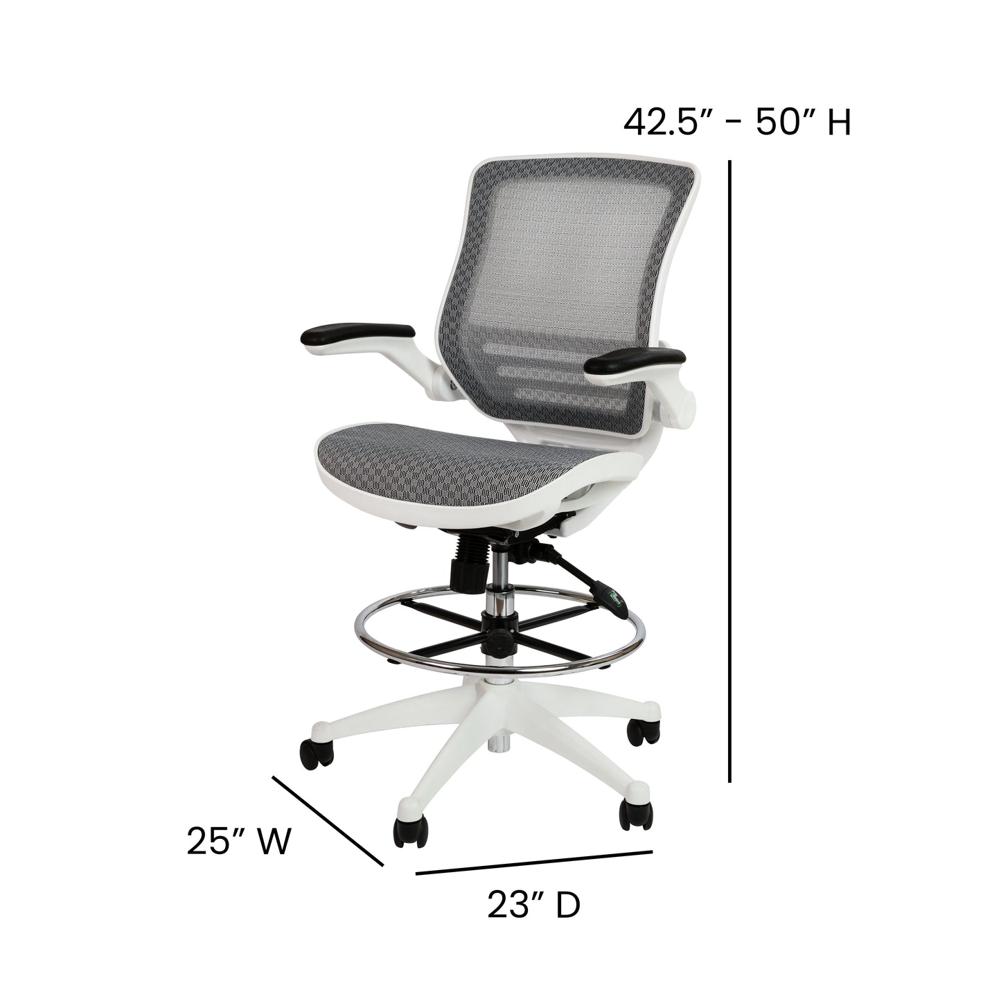 Waylon Mid-Back Transparent Gray Mesh Drafting Chair with White Frame and Flip-Up Arms Gray Mesh/White Frame BL-LB-8801X-D-GR-WH-GG