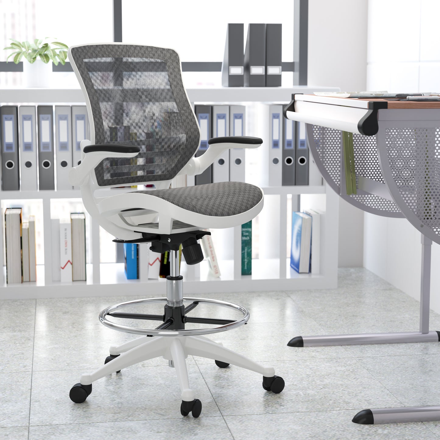 Waylon Mid-Back Transparent Gray Mesh Drafting Chair with White Frame and Flip-Up Arms Gray Mesh/White Frame BL-LB-8801X-D-GR-WH-GG