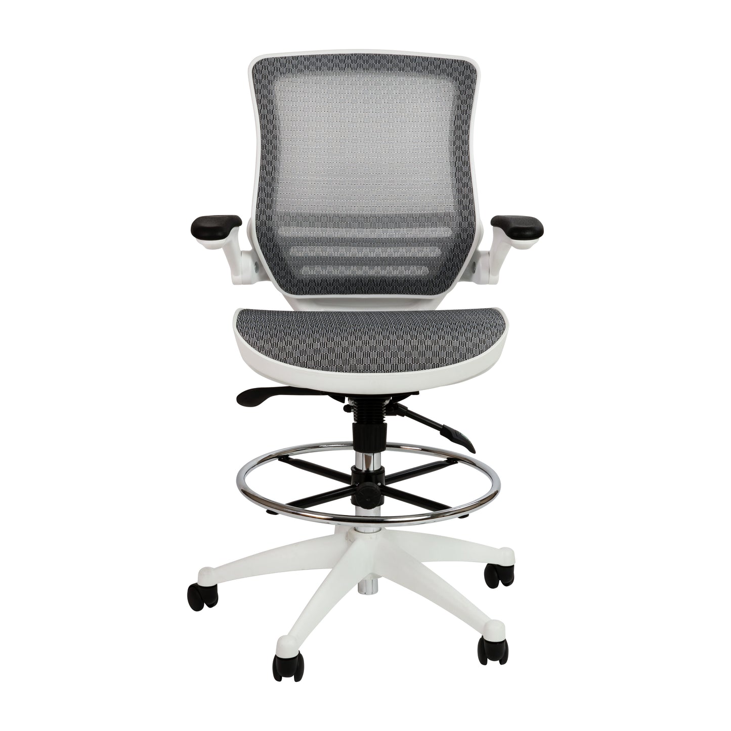 Waylon Mid-Back Transparent Gray Mesh Drafting Chair with White Frame and Flip-Up Arms Gray Mesh/White Frame BL-LB-8801X-D-GR-WH-GG