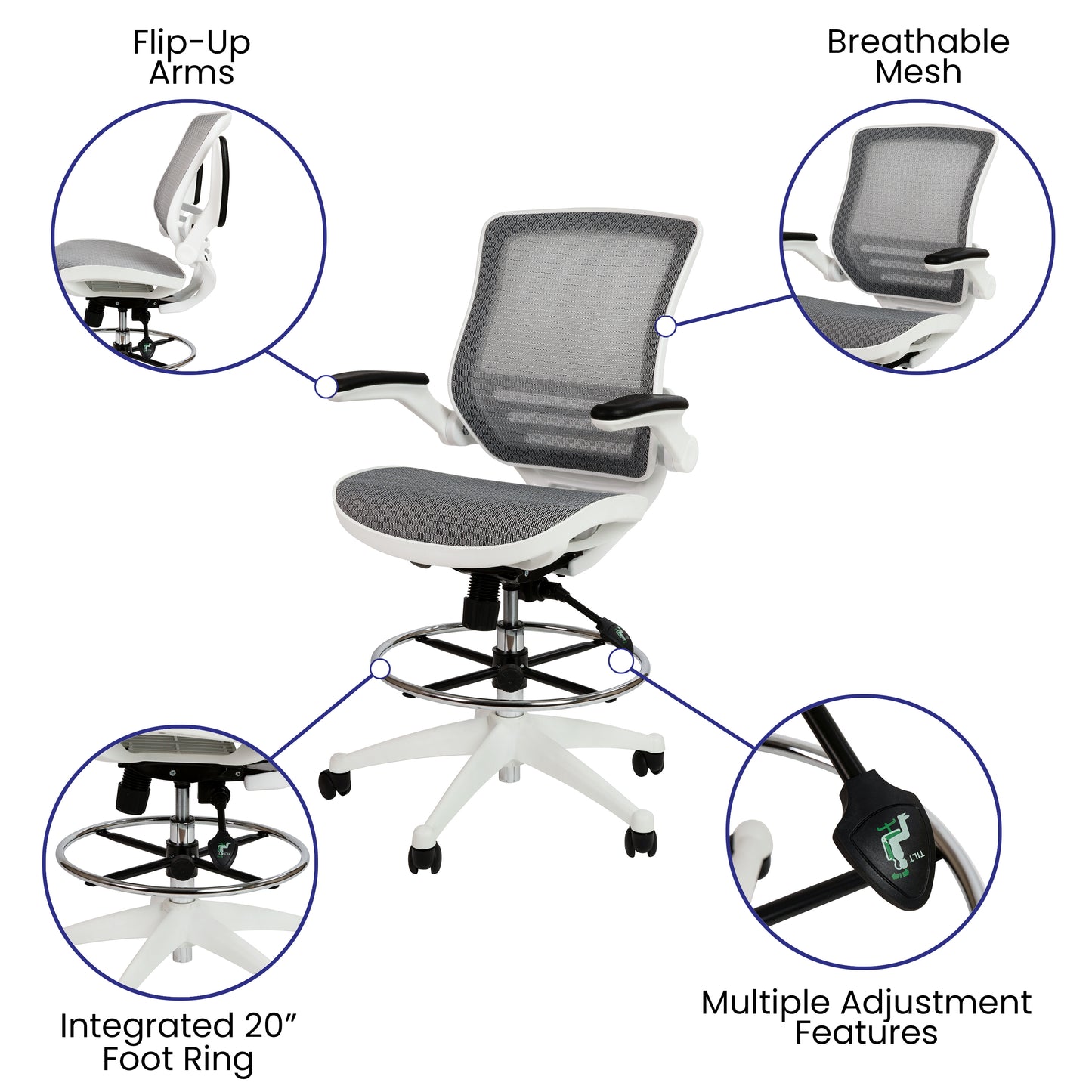 Waylon Mid-Back Transparent Gray Mesh Drafting Chair with White Frame and Flip-Up Arms Gray Mesh/White Frame BL-LB-8801X-D-GR-WH-GG