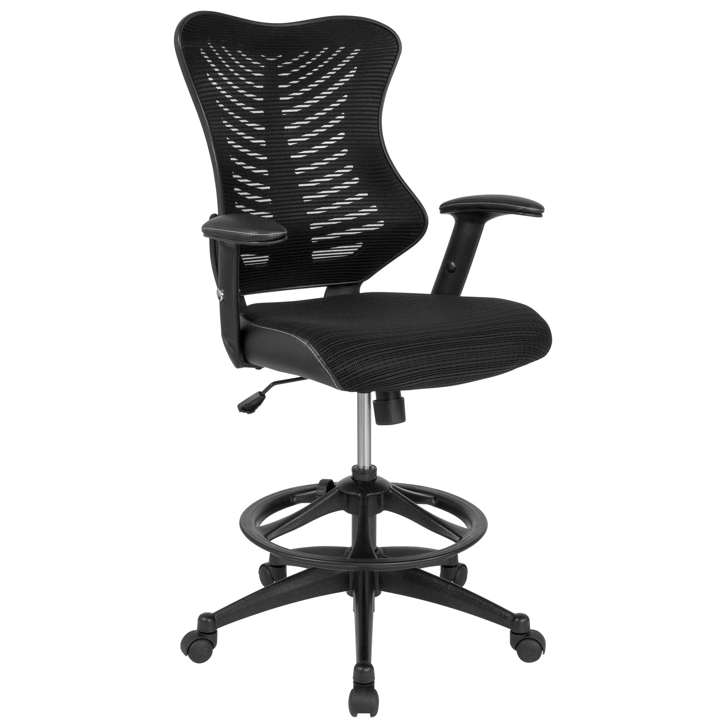 Waylon High Back Designer Black Mesh Drafting Chair with LeatherSoft Sides and Adjustable Arms Black