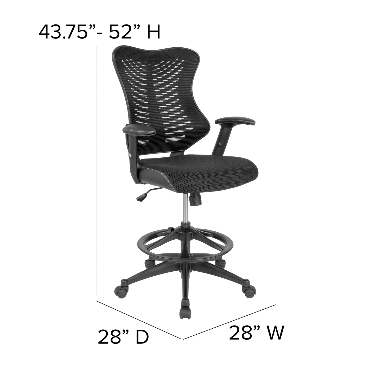 Waylon High Back Designer Black Mesh Drafting Chair with LeatherSoft Sides and Adjustable Arms Black