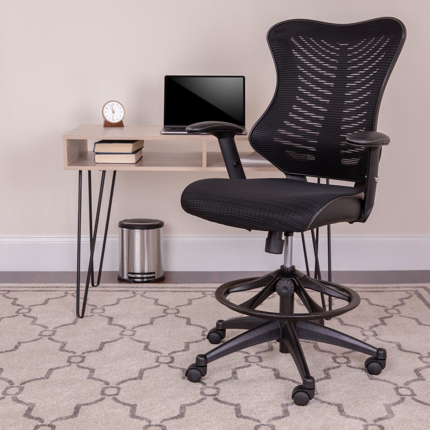 Waylon High Back Designer Black Mesh Drafting Chair with LeatherSoft Sides and Adjustable Arms Black