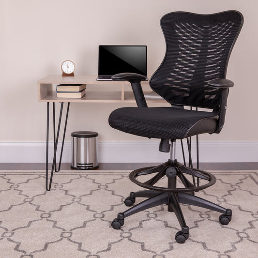 Waylon High Back Designer Black Mesh Drafting Chair with LeatherSoft Sides and Adjustable Arms Black BL-LB-8816D-GG