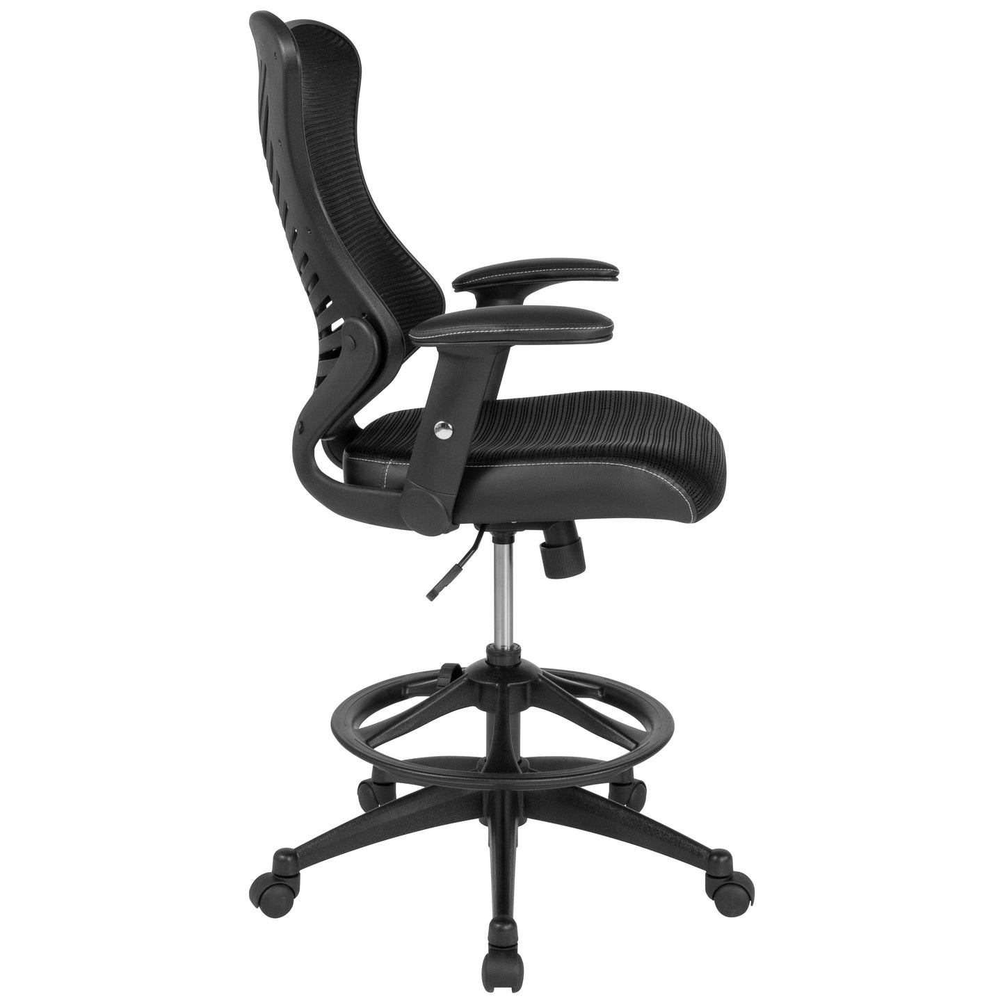 Waylon High Back Designer Black Mesh Drafting Chair with LeatherSoft Sides and Adjustable Arms Black