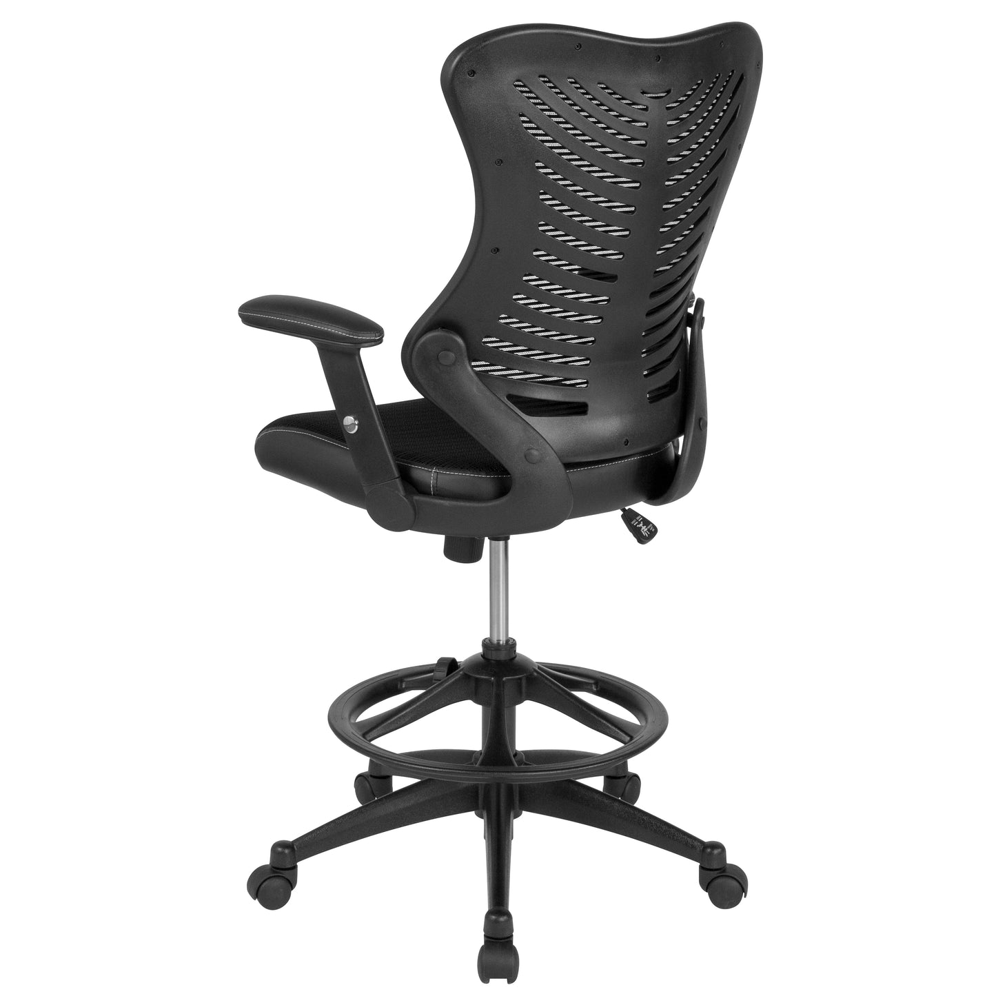 Waylon High Back Designer Black Mesh Drafting Chair with LeatherSoft Sides and Adjustable Arms Black