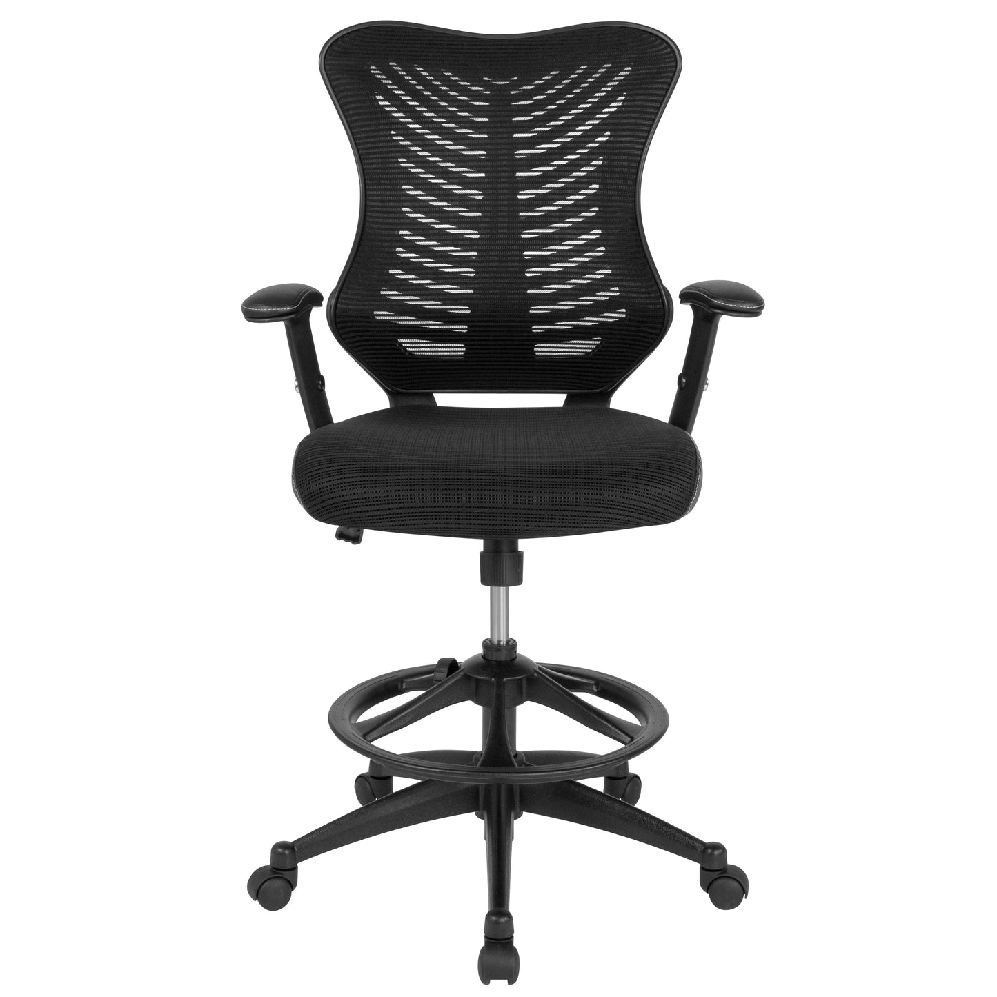 Waylon High Back Designer Black Mesh Drafting Chair with LeatherSoft Sides and Adjustable Arms Black