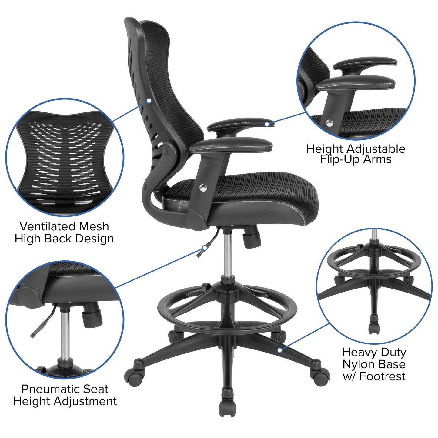 Waylon High Back Designer Black Mesh Drafting Chair with LeatherSoft Sides and Adjustable Arms Black