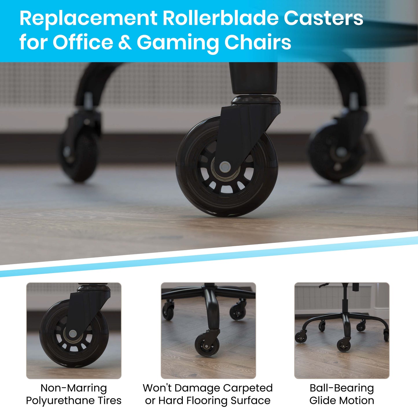 Waylon Transparent Polyurethane Replacement Rolling Wheels for Gaming and Office Chairs Suitable for Hardwood Floors & Carpet - Set of 5 Black/Clear