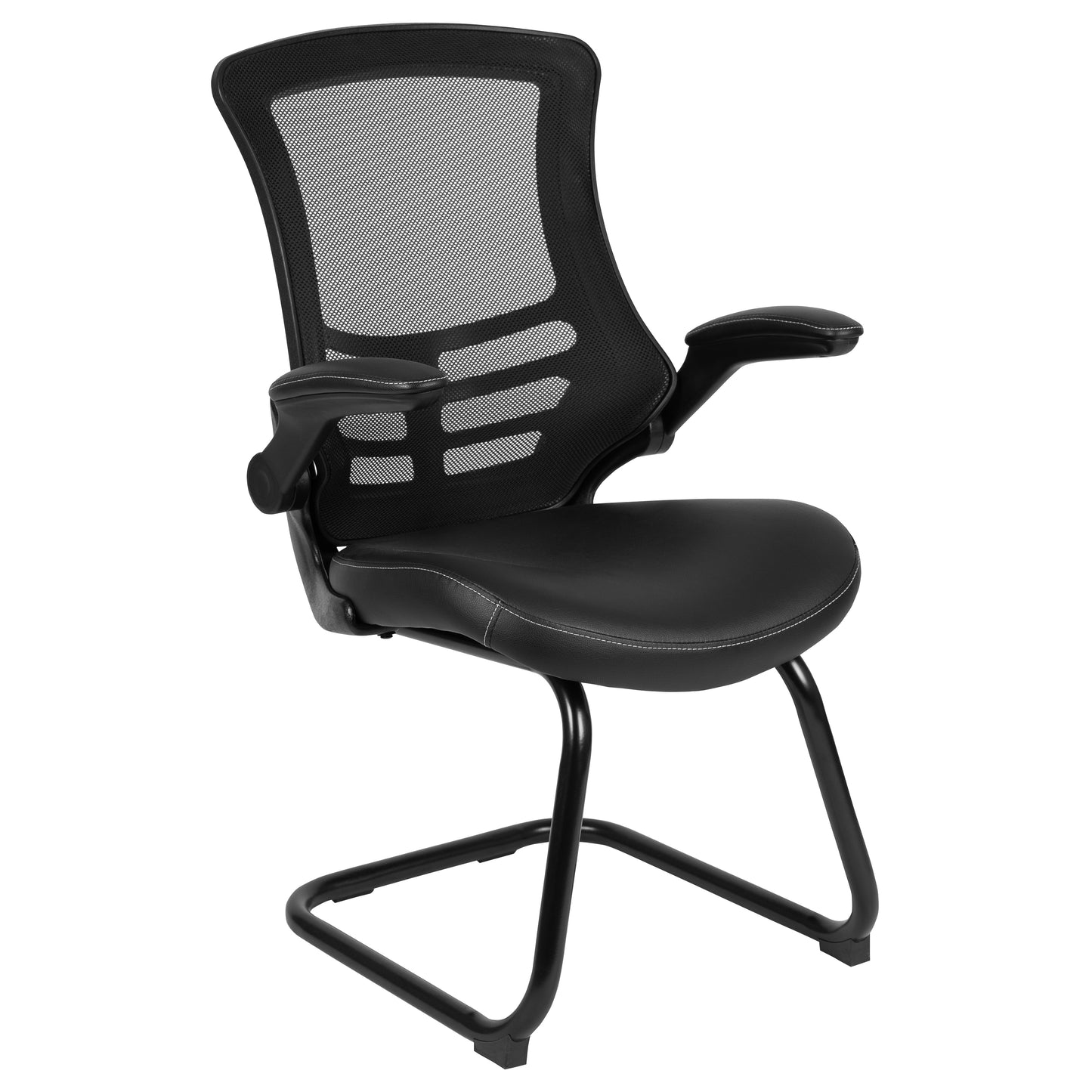Kelista Black Mesh Sled Base Side Reception Chair with White Stitched LeatherSoft Seat and Flip-Up Arms Black LeatherSoft