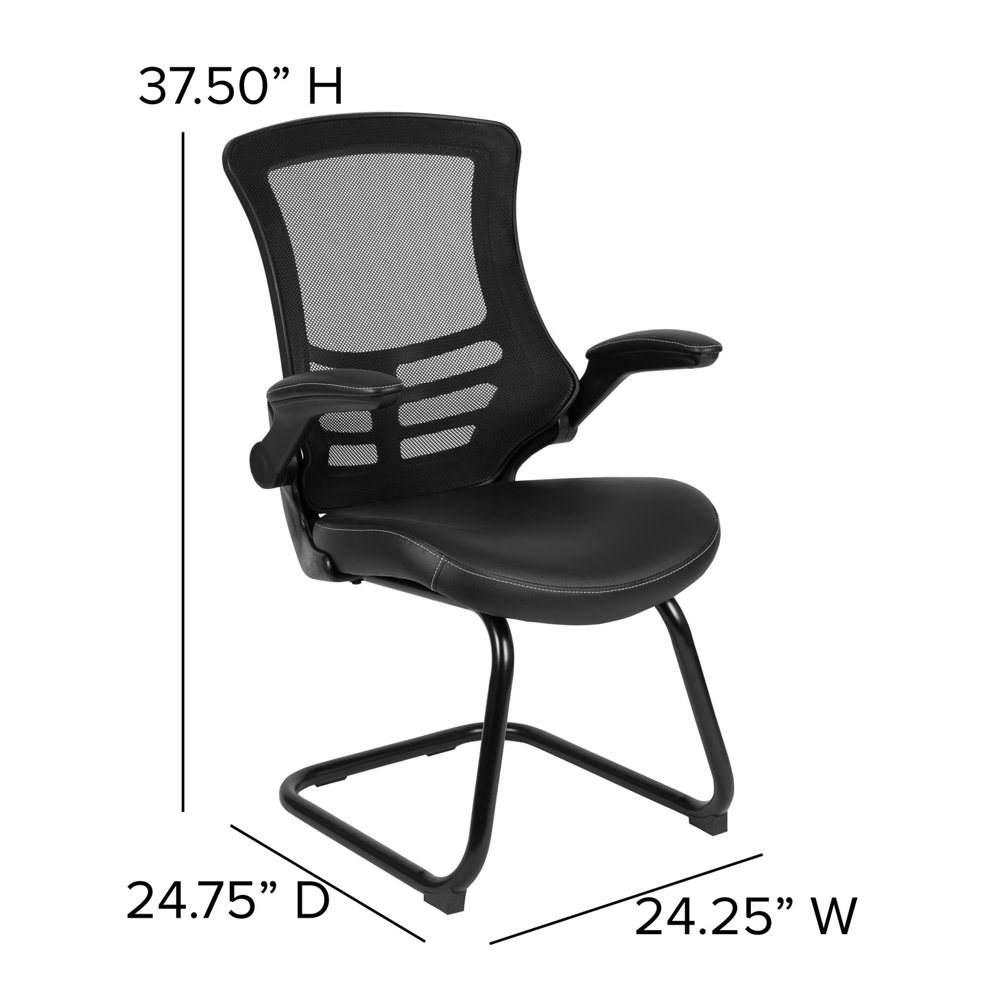 Kelista Black Mesh Sled Base Side Reception Chair with White Stitched LeatherSoft Seat and Flip-Up Arms Black LeatherSoft