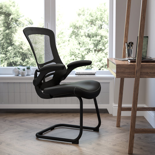 Kelista Black Mesh Sled Base Side Reception Chair with White Stitched LeatherSoft Seat and Flip-Up Arms Black LeatherSoft