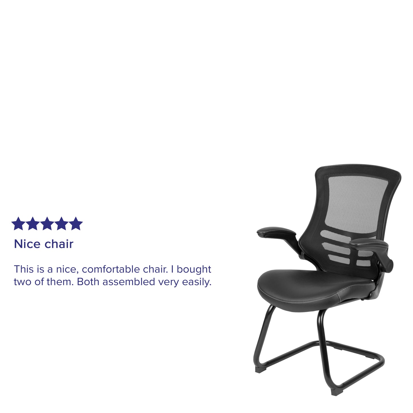 Kelista Black Mesh Sled Base Side Reception Chair with White Stitched LeatherSoft Seat and Flip-Up Arms Black LeatherSoft