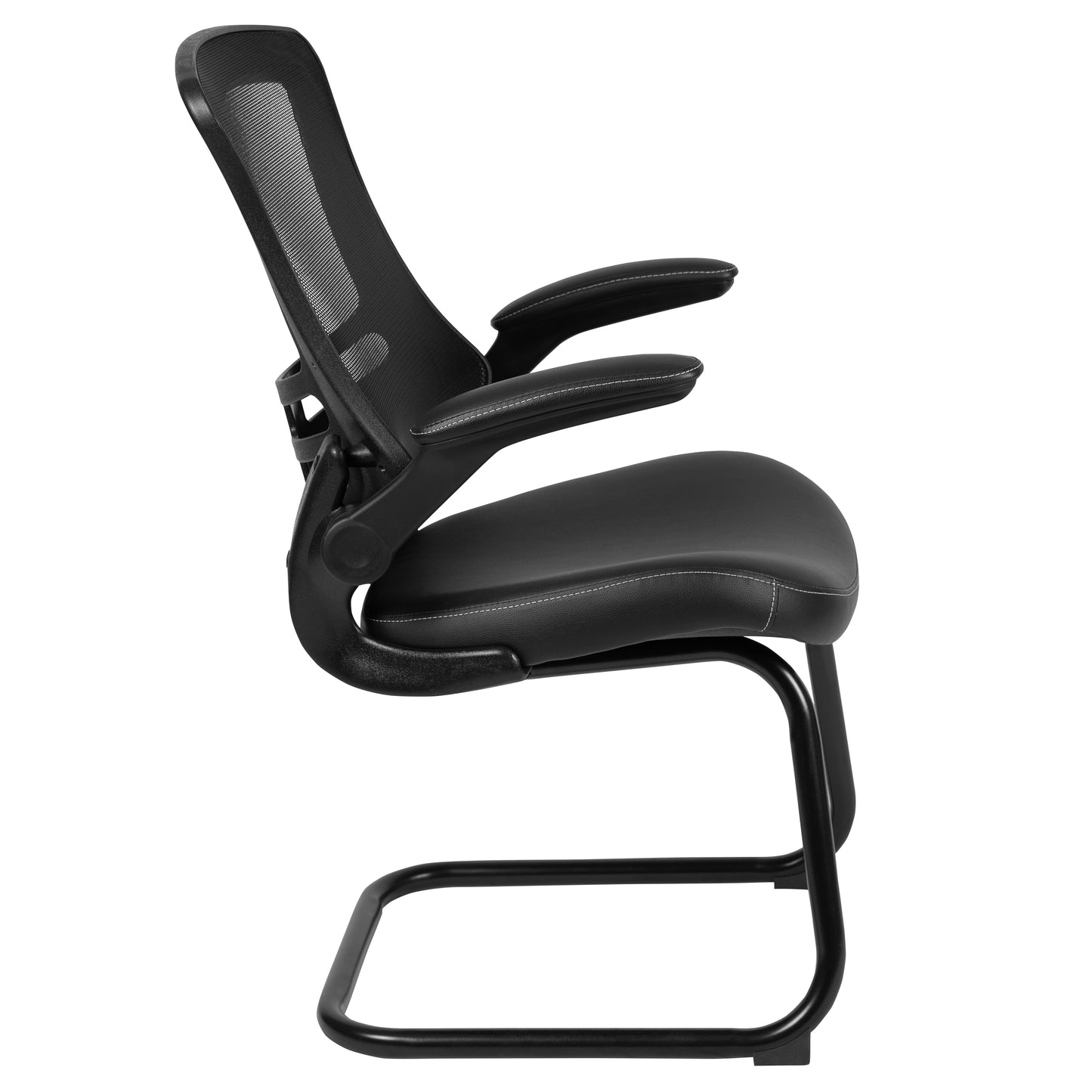 Kelista Black Mesh Sled Base Side Reception Chair with White Stitched LeatherSoft Seat and Flip-Up Arms Black LeatherSoft