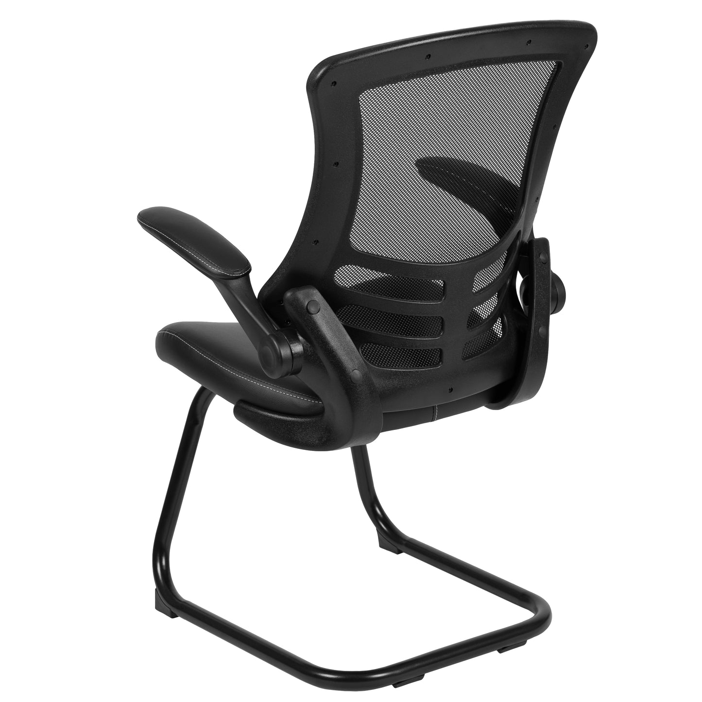 Kelista Black Mesh Sled Base Side Reception Chair with White Stitched LeatherSoft Seat and Flip-Up Arms Black LeatherSoft