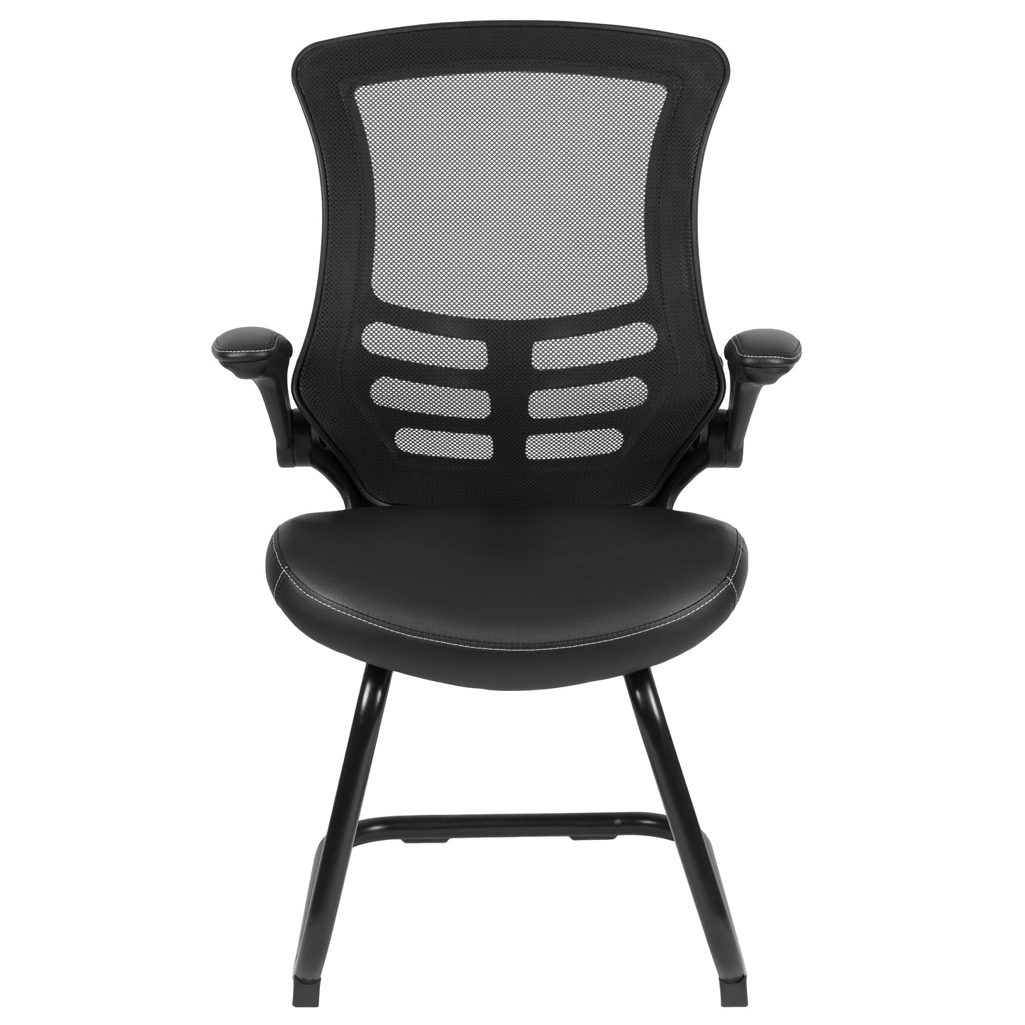 Kelista Black Mesh Sled Base Side Reception Chair with White Stitched LeatherSoft Seat and Flip-Up Arms Black LeatherSoft