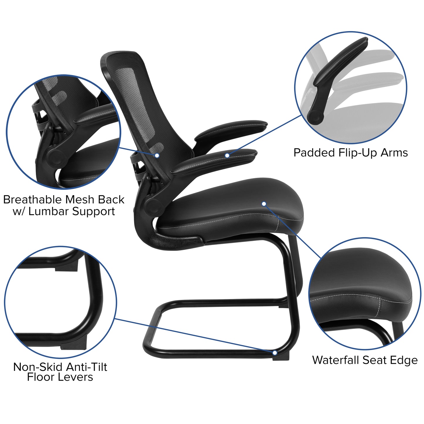 Kelista Black Mesh Sled Base Side Reception Chair with White Stitched LeatherSoft Seat and Flip-Up Arms Black LeatherSoft