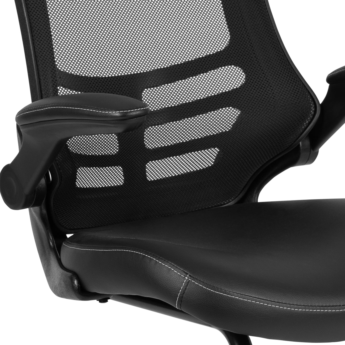 Kelista Black Mesh Sled Base Side Reception Chair with White Stitched LeatherSoft Seat and Flip-Up Arms Black LeatherSoft