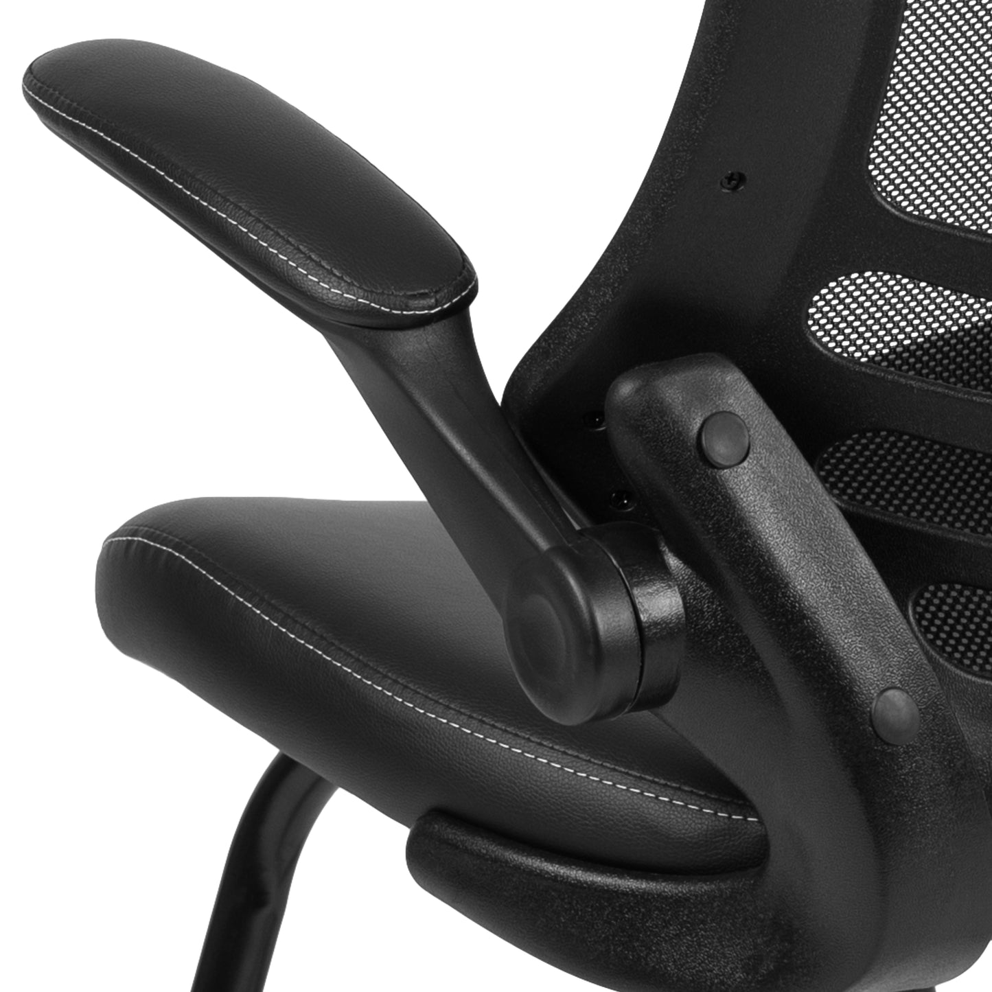 Kelista Black Mesh Sled Base Side Reception Chair with White Stitched LeatherSoft Seat and Flip-Up Arms Black LeatherSoft
