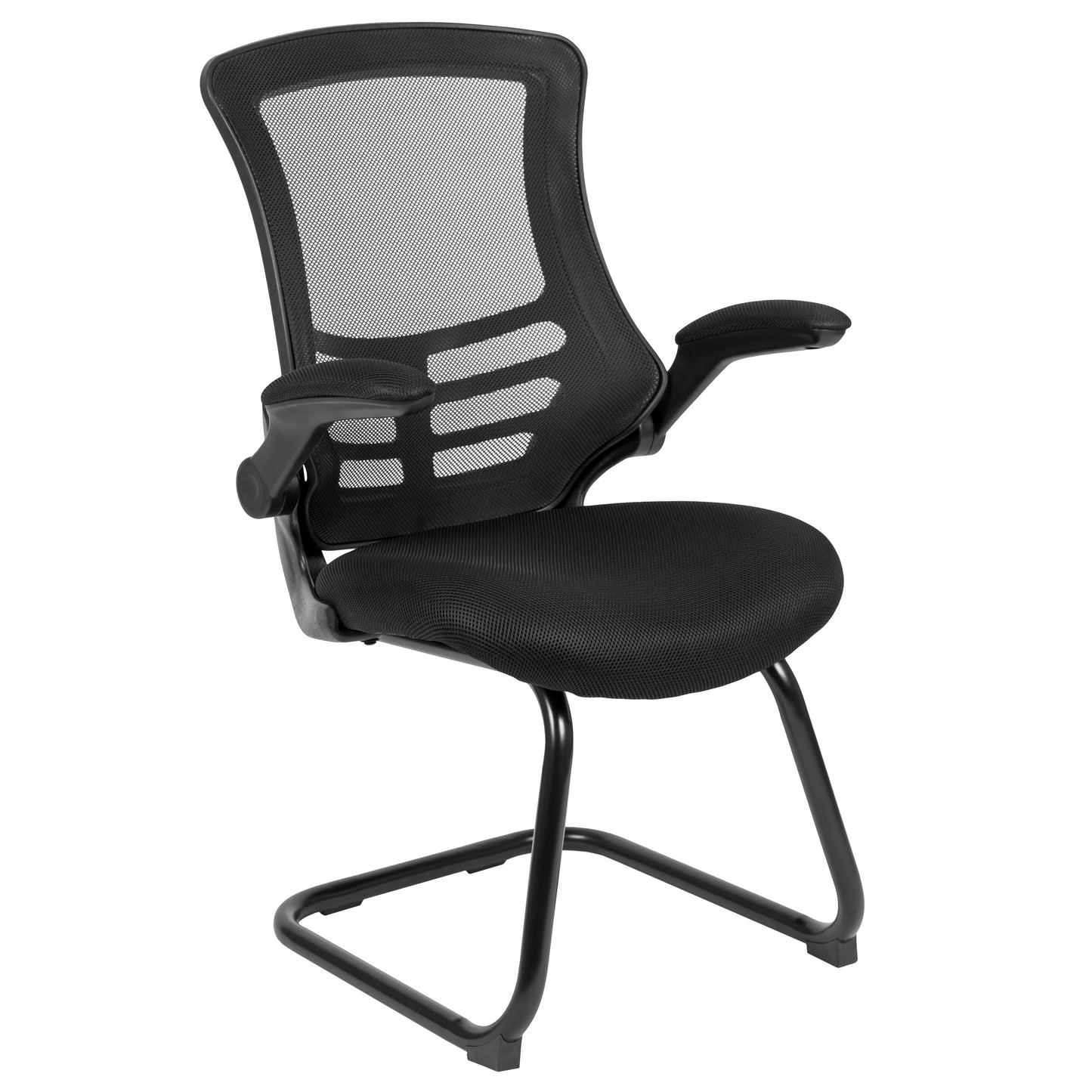 Kelista Black Mesh Sled Base Side Reception Chair with Flip-Up Arms Black Mesh