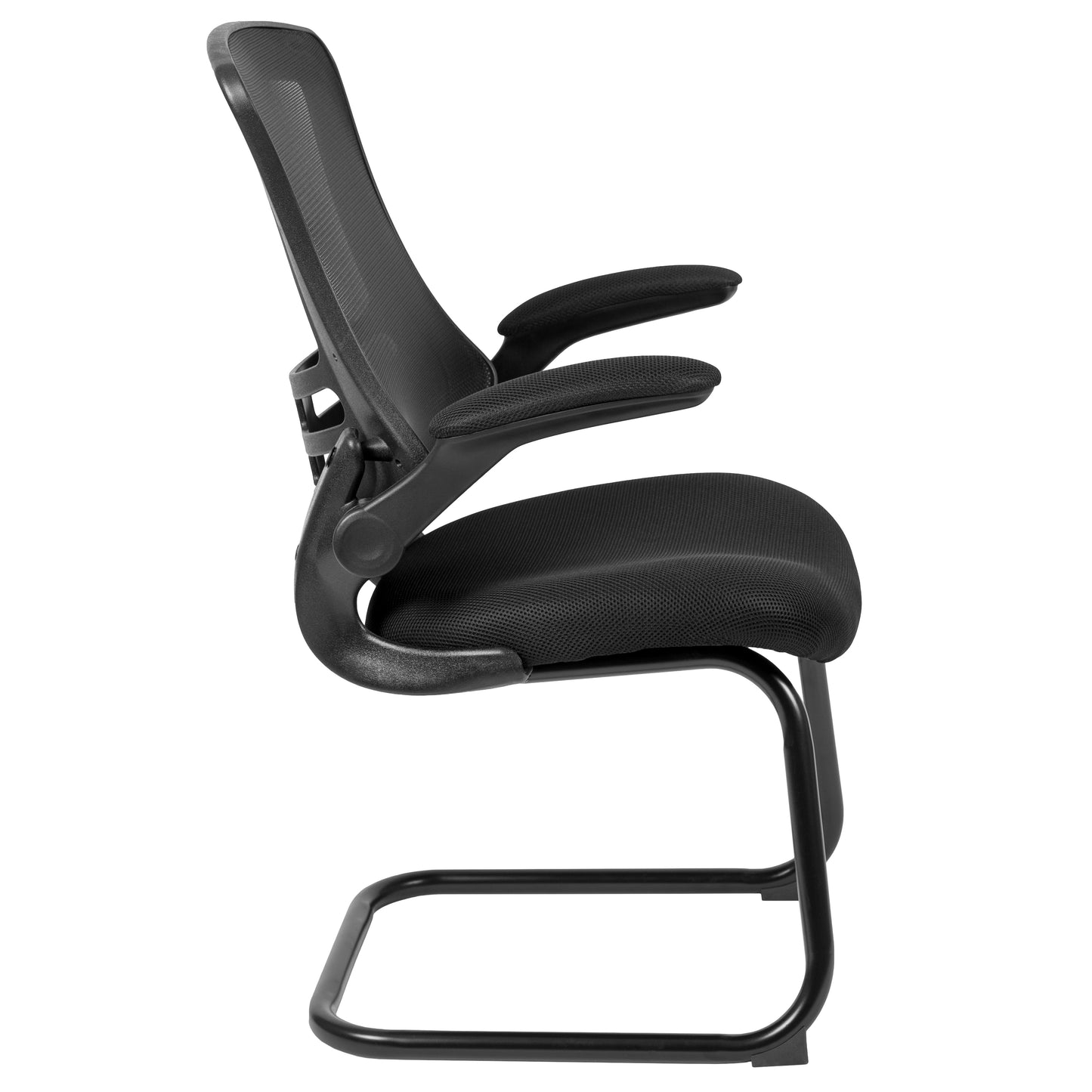 Kelista Black Mesh Sled Base Side Reception Chair with Flip-Up Arms Black Mesh