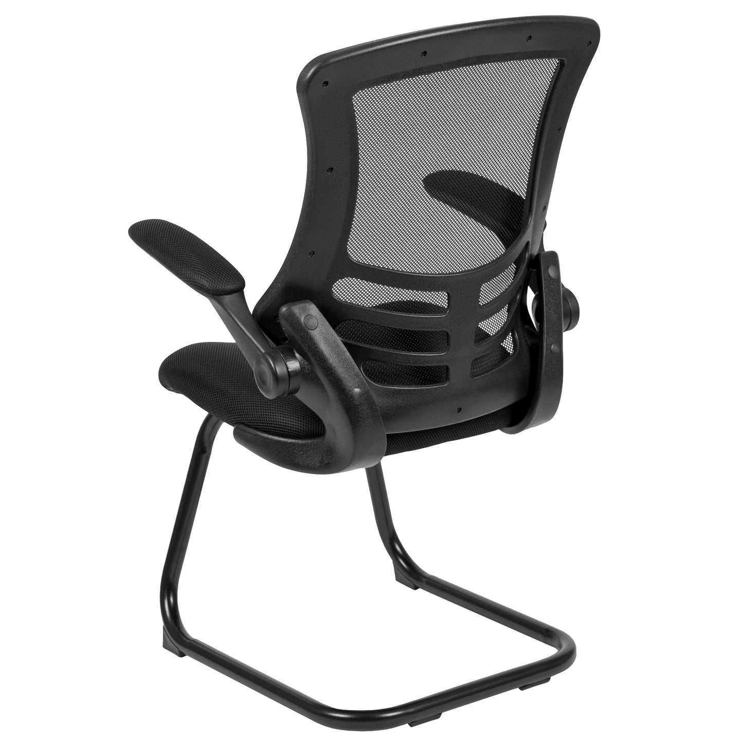 Kelista Black Mesh Sled Base Side Reception Chair with Flip-Up Arms Black Mesh