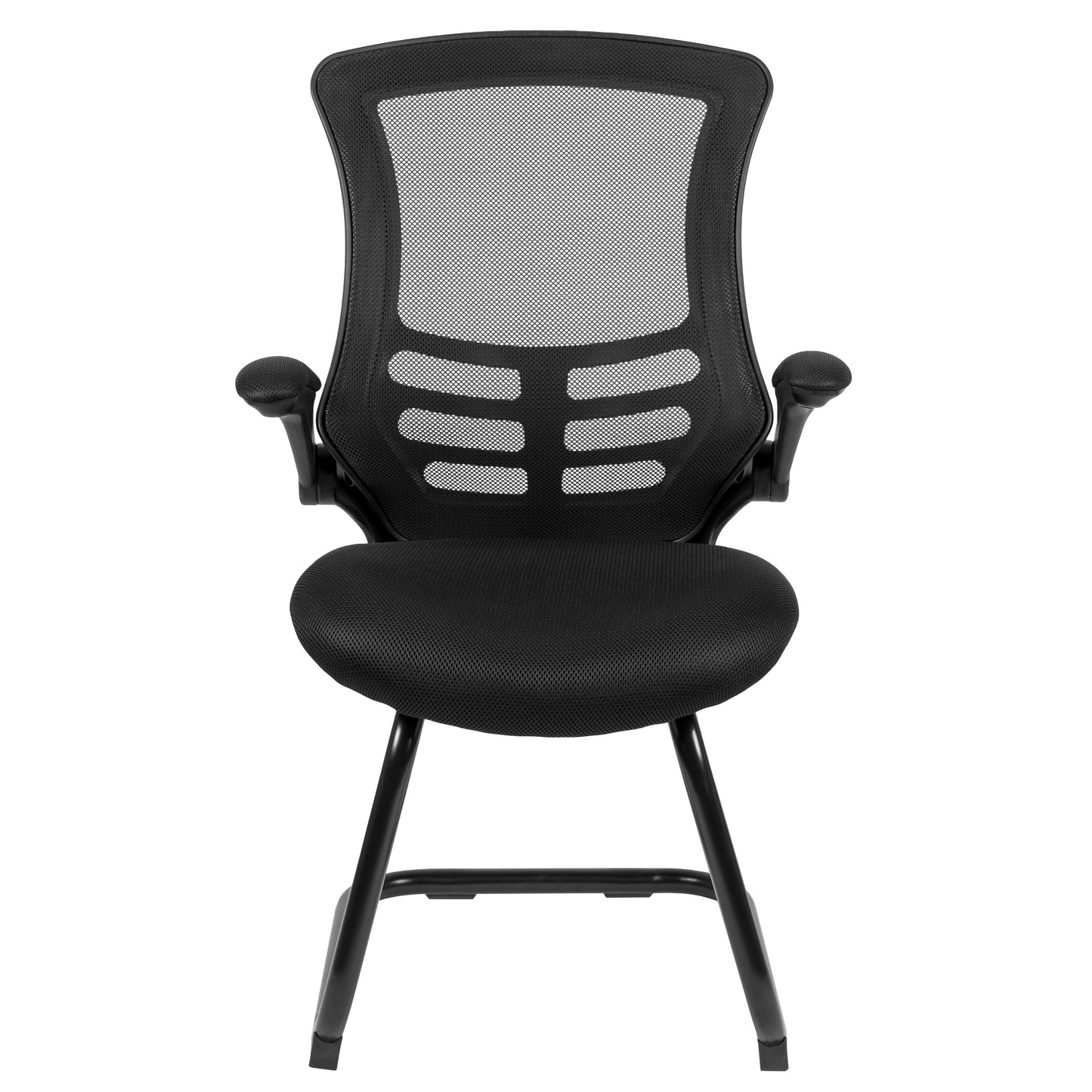 Kelista Black Mesh Sled Base Side Reception Chair with Flip-Up Arms Black Mesh