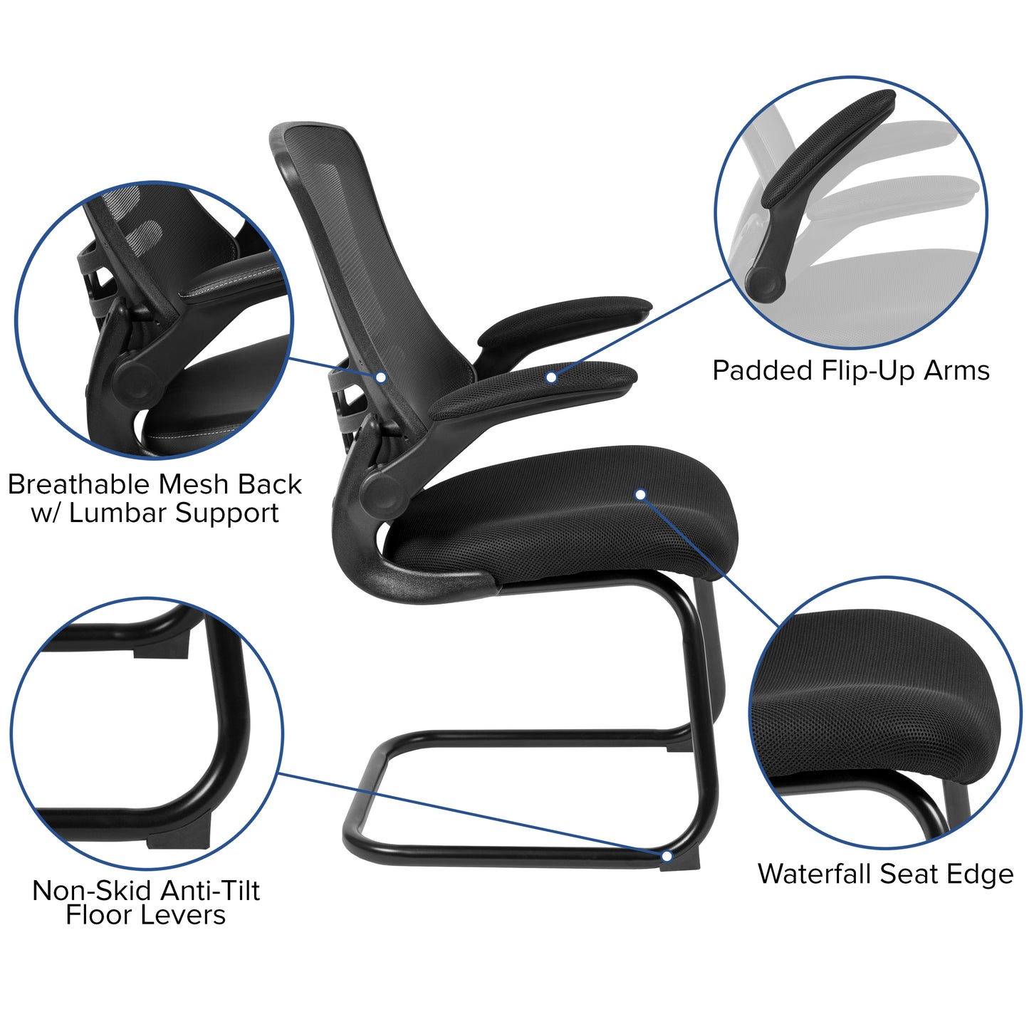 Kelista Black Mesh Sled Base Side Reception Chair with Flip-Up Arms Black Mesh