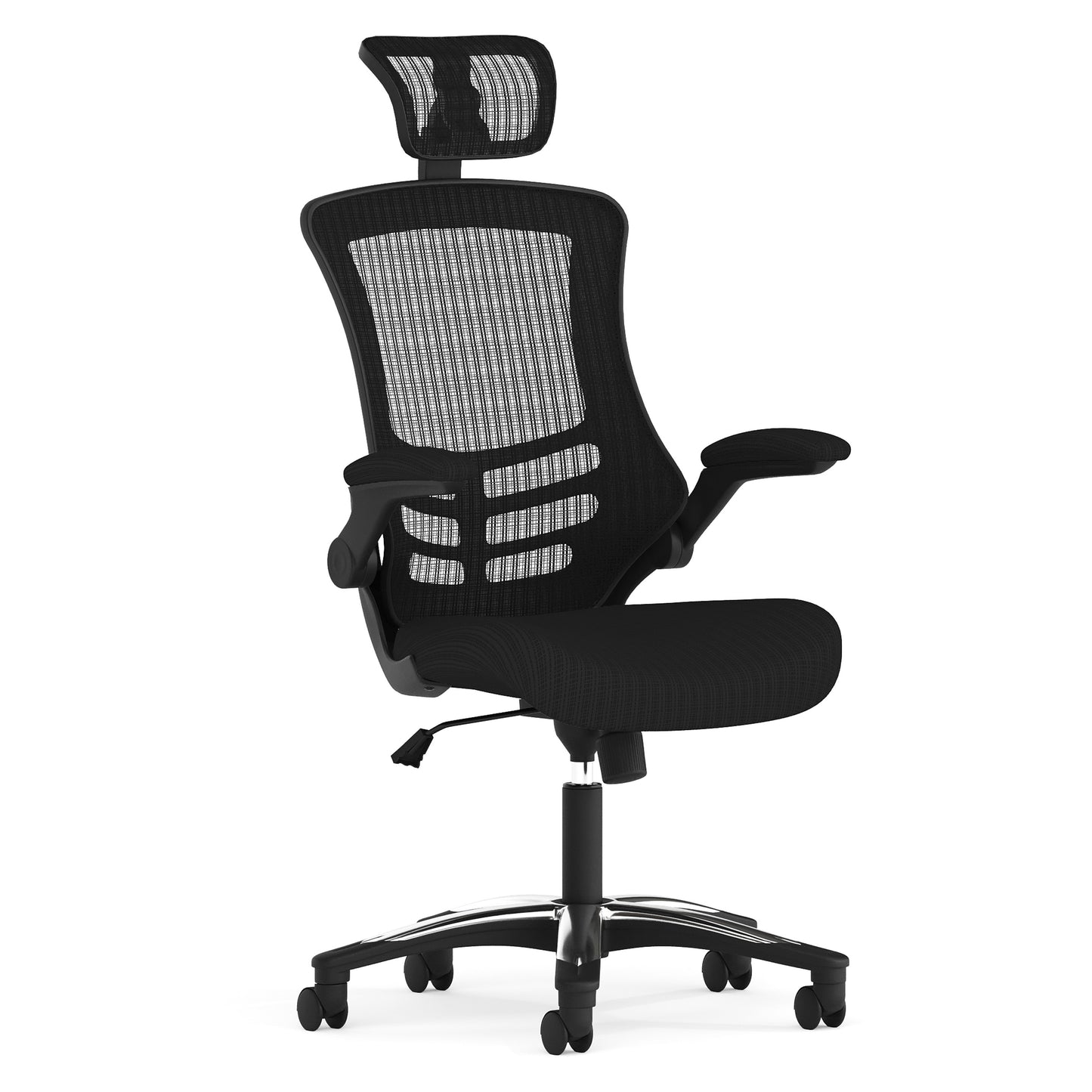 Kelista High-Back Black Mesh Swivel Ergonomic Executive Office Chair with Flip-Up Arms and Adjustable Headrest Black