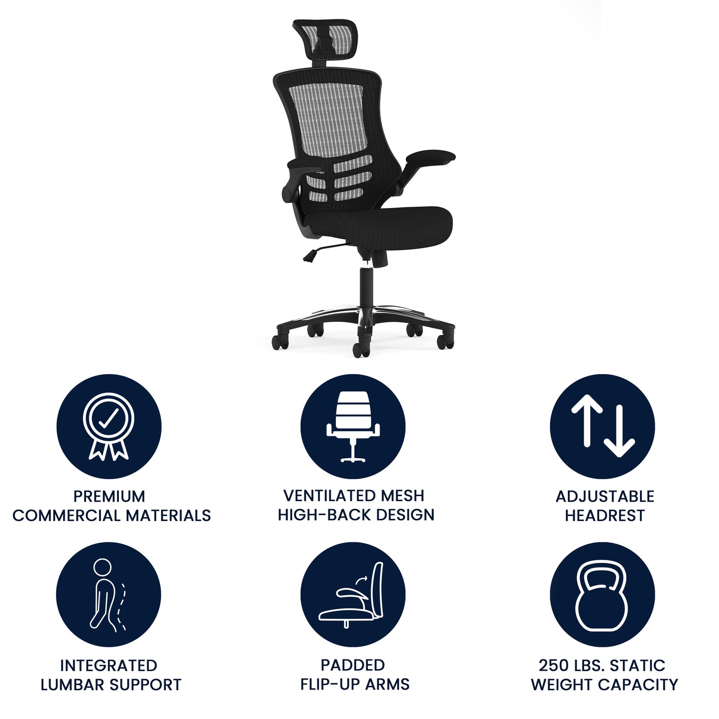 Kelista High-Back Black Mesh Swivel Ergonomic Executive Office Chair with Flip-Up Arms and Adjustable Headrest Black