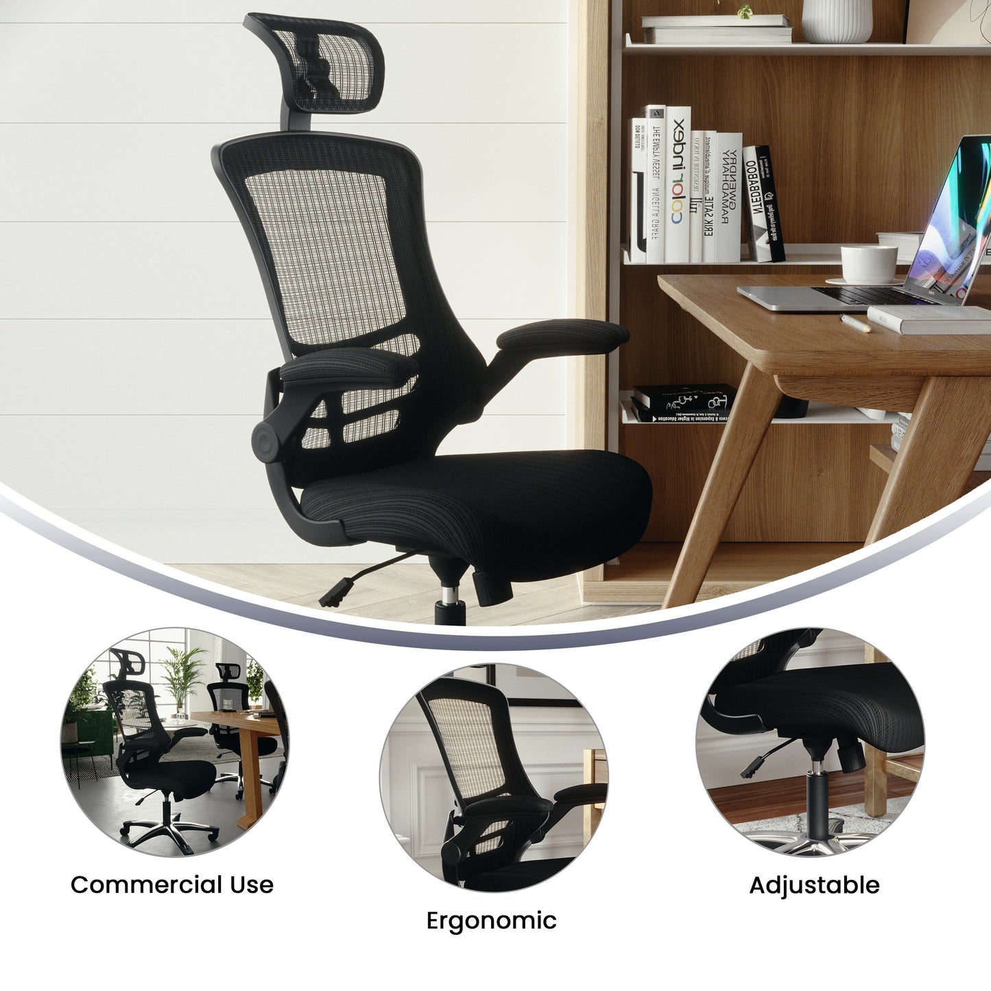 Kelista High-Back Black Mesh Swivel Ergonomic Executive Office Chair with Flip-Up Arms and Adjustable Headrest Black
