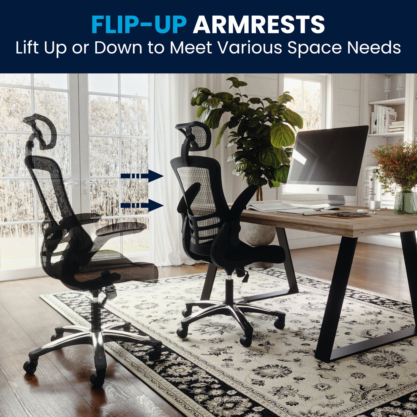 Kelista High-Back Black Mesh Swivel Ergonomic Executive Office Chair with Flip-Up Arms and Adjustable Headrest Black
