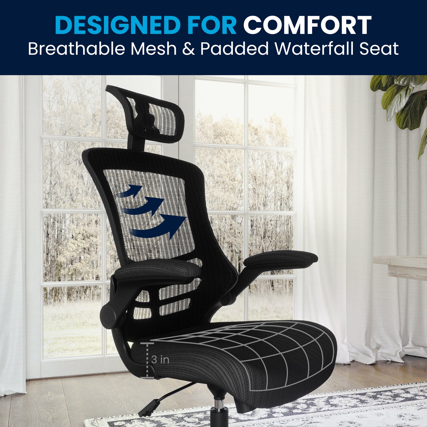 Kelista High-Back Black Mesh Swivel Ergonomic Executive Office Chair with Flip-Up Arms and Adjustable Headrest Black