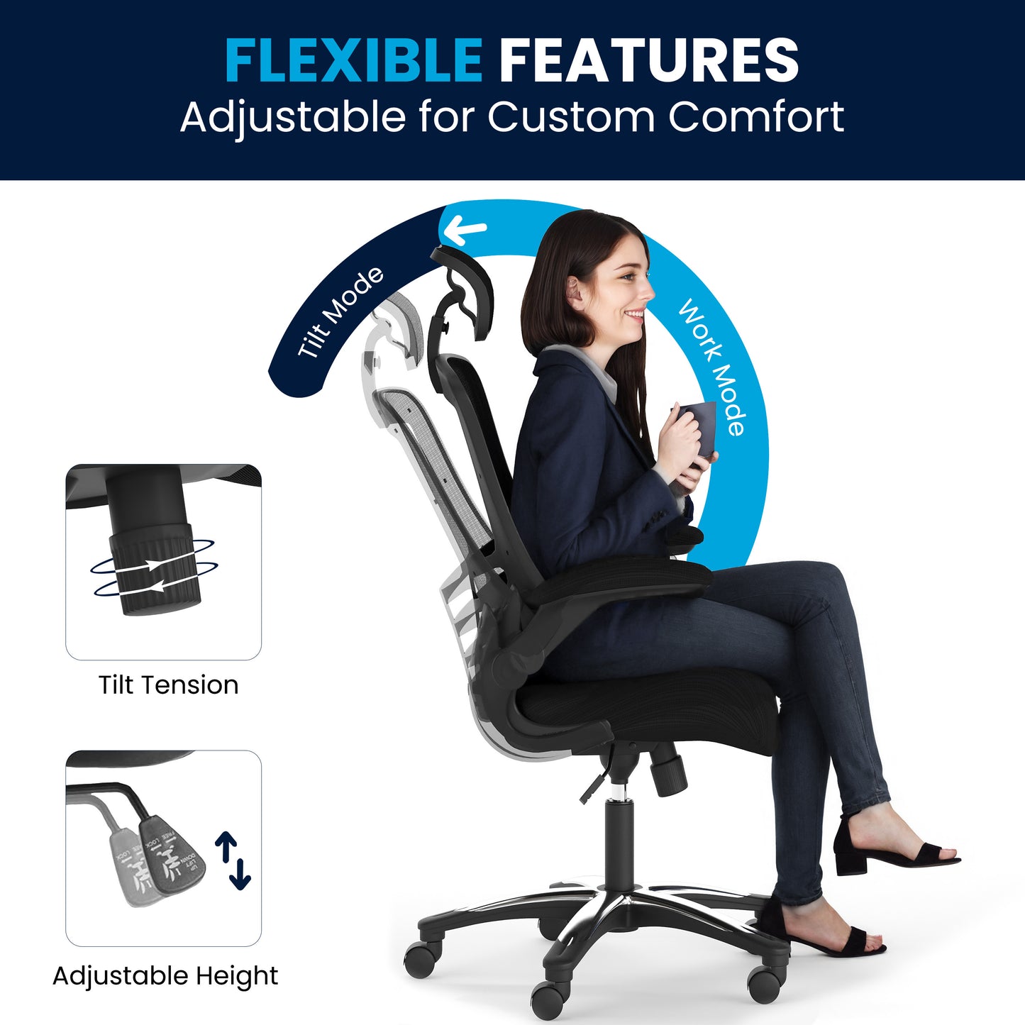 Kelista High-Back Black Mesh Swivel Ergonomic Executive Office Chair with Flip-Up Arms and Adjustable Headrest Black
