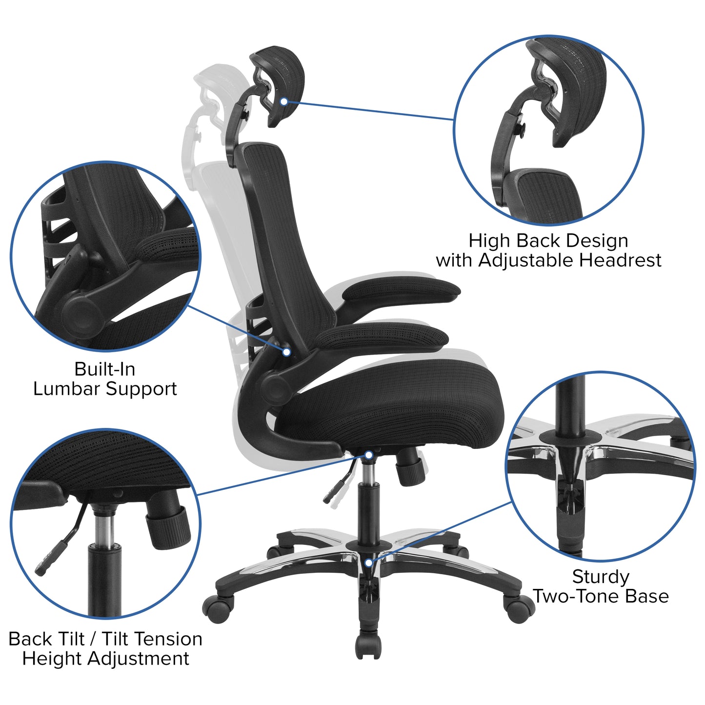 Kelista High-Back Black Mesh Swivel Ergonomic Executive Office Chair with Flip-Up Arms and Adjustable Headrest Black