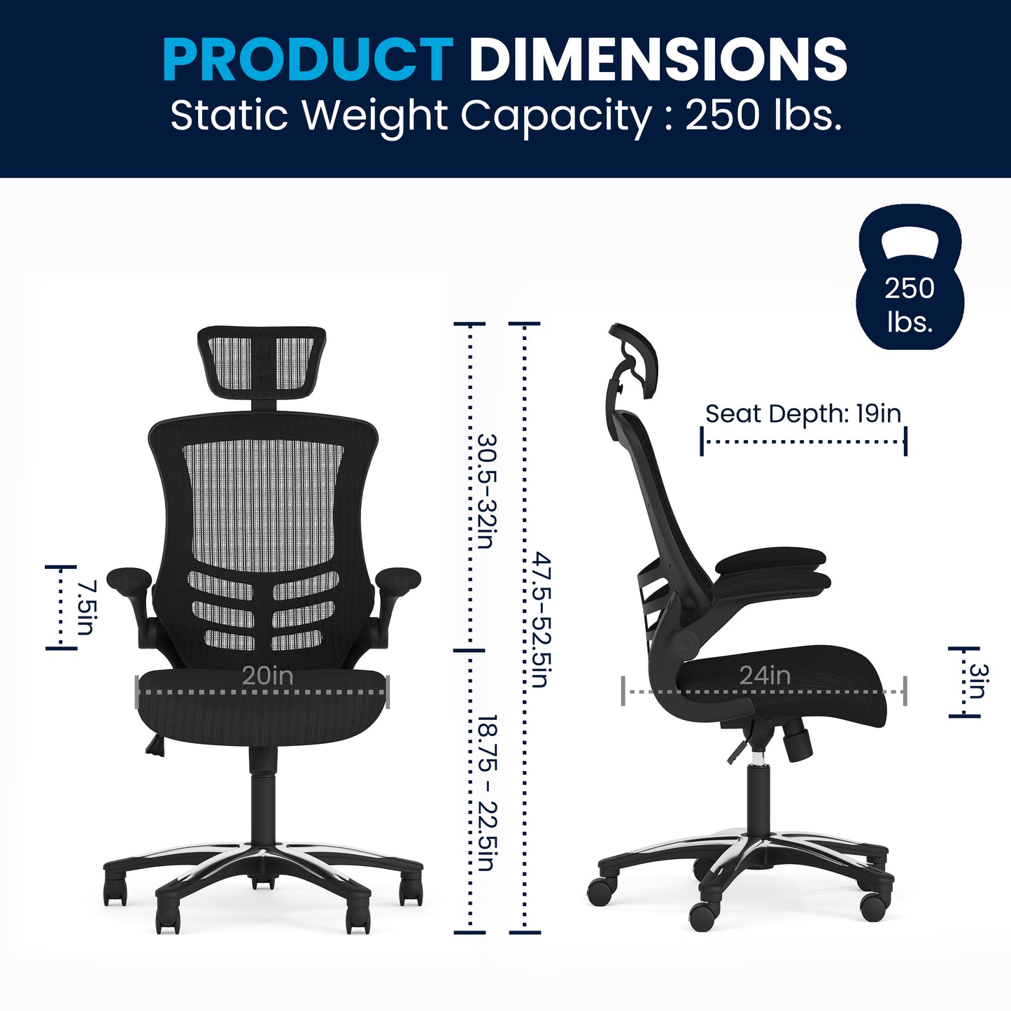 Kelista High-Back Black Mesh Swivel Ergonomic Executive Office Chair with Flip-Up Arms and Adjustable Headrest Black
