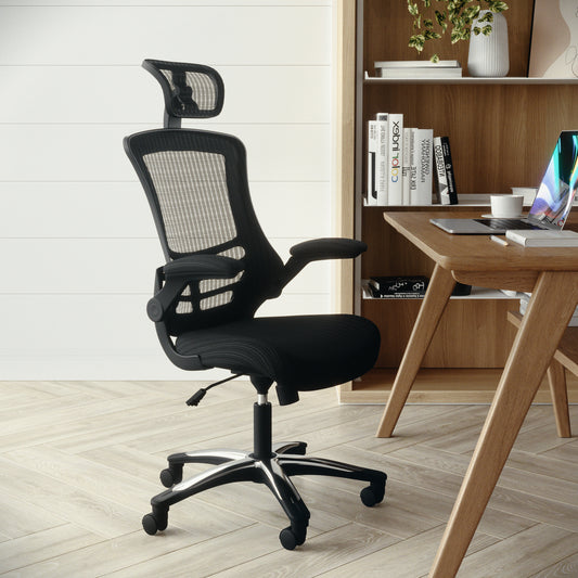 Kelista High-Back Black Mesh Swivel Ergonomic Executive Office Chair with Flip-Up Arms and Adjustable Headrest Black BL-X-5H-GG