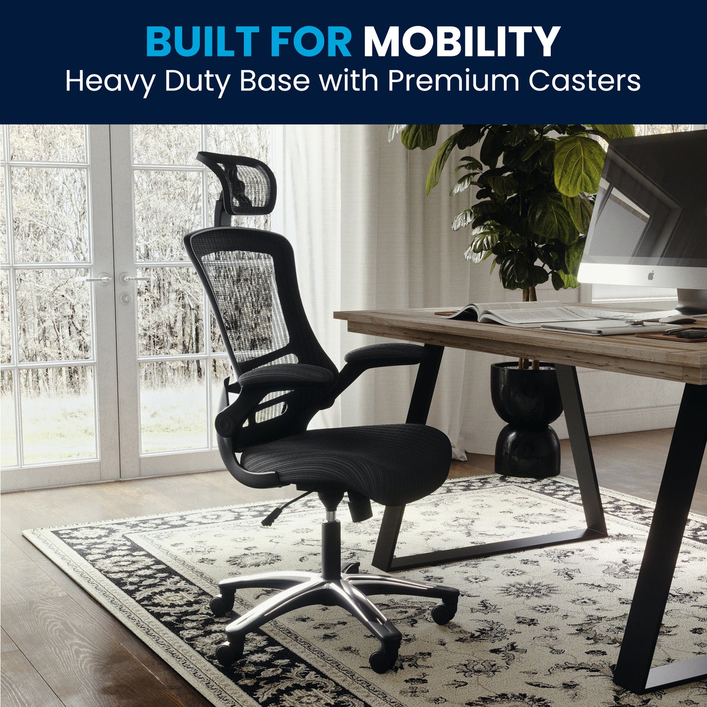 Kelista High-Back Black Mesh Swivel Ergonomic Executive Office Chair with Flip-Up Arms and Adjustable Headrest Black